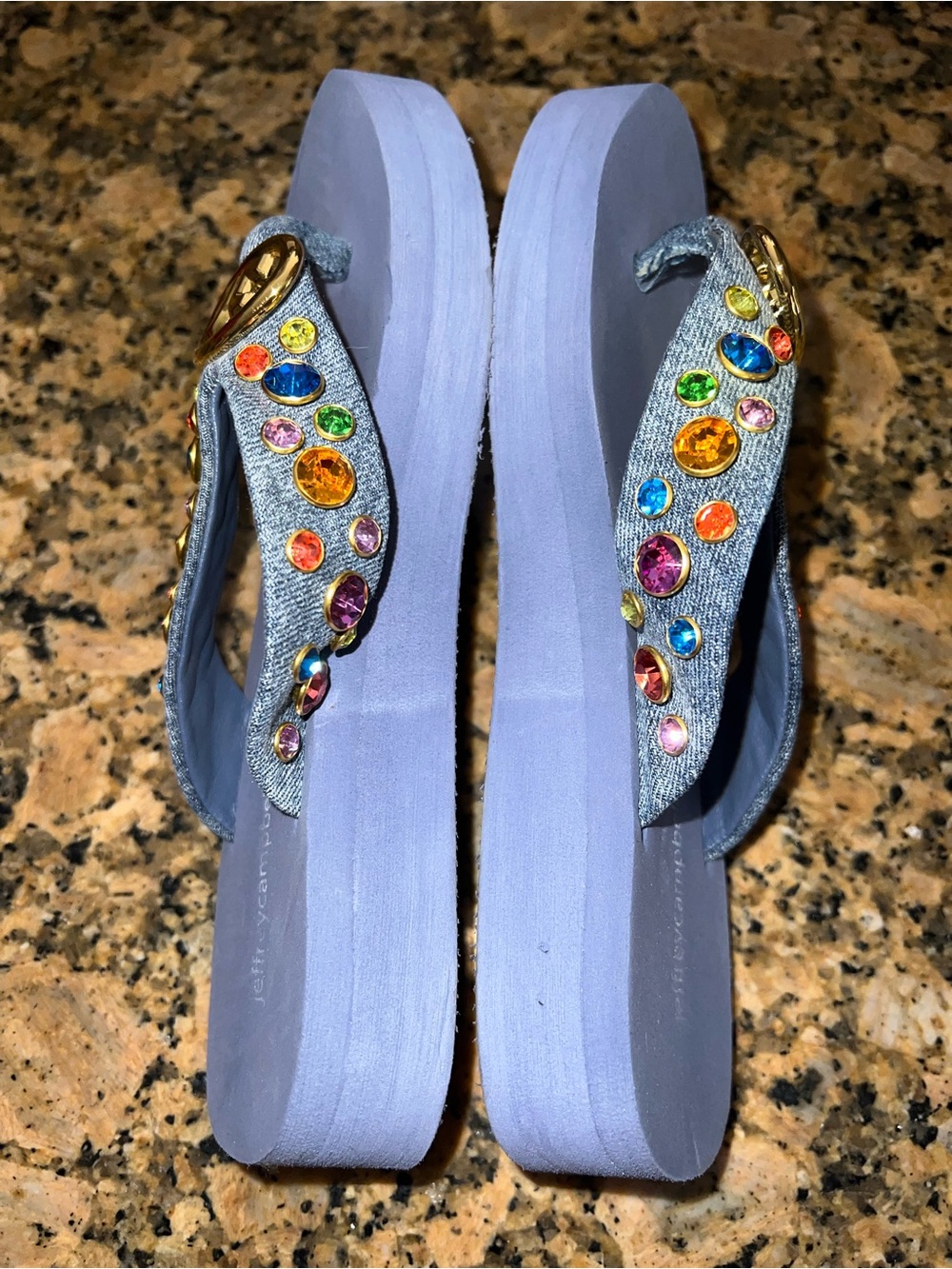 Jeffrey Campbell Denim Jeweled Flip Flop Sandals with Gold Accent - Picture 2 of 4